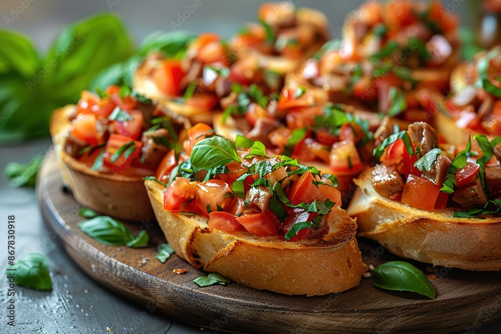 A plate of bread with tomato and basil on top A plate of bread with tomato and basil on top