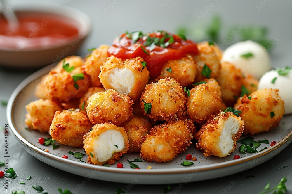 A plate of fried chicken with a side of ketchup and parsley A plate of fried chicken with a side of ketchup and parsley
