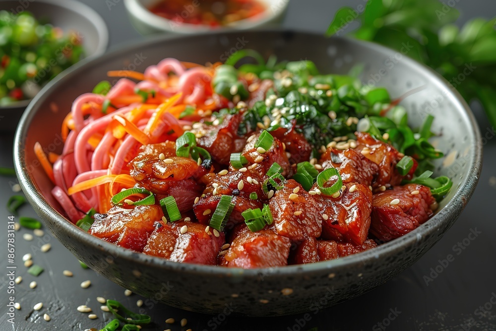 A bowl of food with meat and vegetables, including carrots and onions A bowl of food with meat and vegetables, including carrots and onions