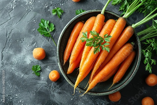 A bowl of carrots and parsley on a grey surface