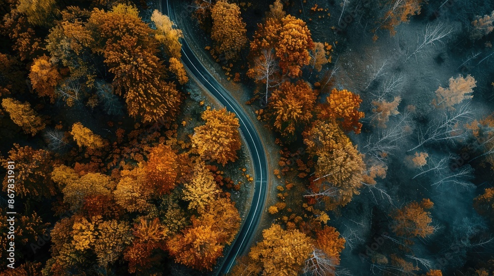 Autumn scenery with a road winding through the forest Autumn scenery with a road winding through the forest