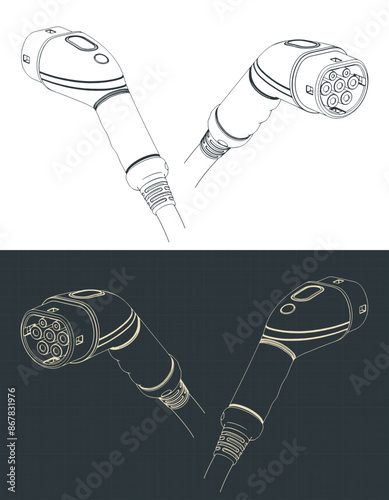 EV charger type 2 plug blueprints illustrations