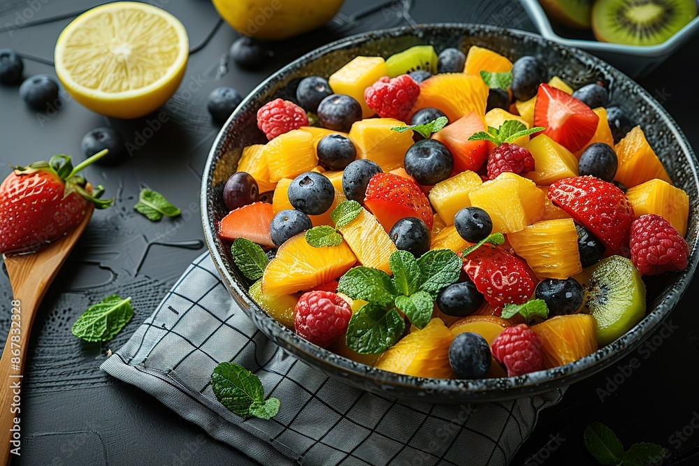 A bowl of fruit salad with blueberries, strawberries, and kiwi A bowl of fruit salad with blueberries, strawberries, and kiwi
