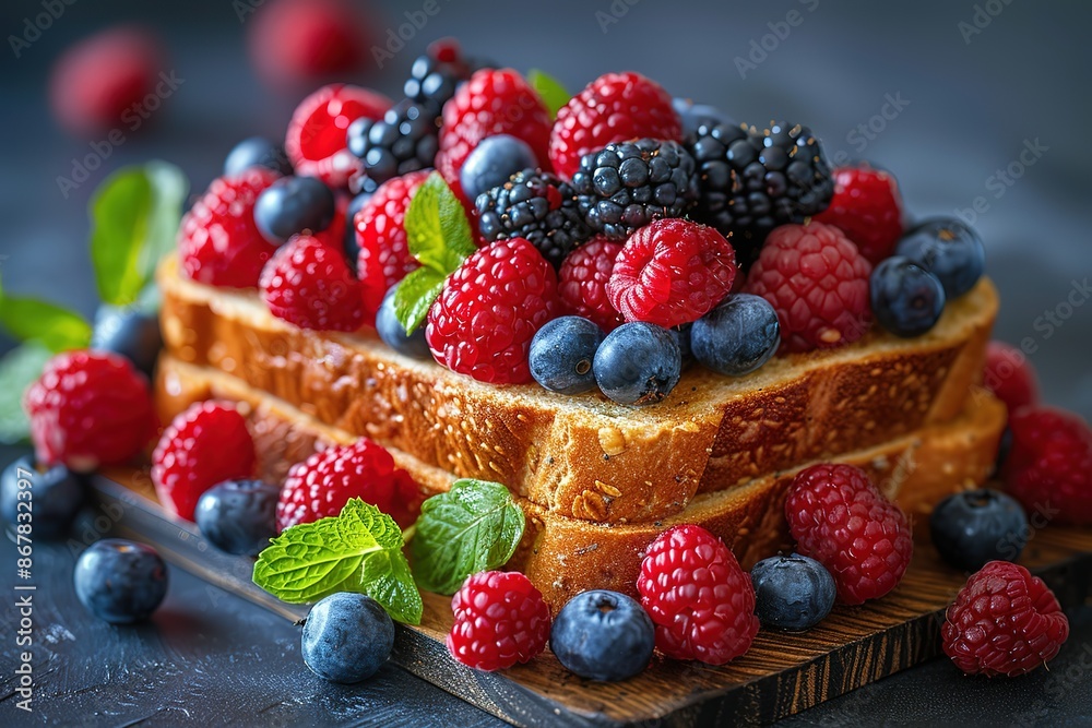 A slice of bread with blueberries and raspberries on top A slice of bread with blueberries and raspberries on top