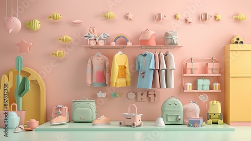 A charming pastel-themed baby room showcasing neatly arranged baby clothes and various accessories, creating a sweet and organized nursery atmosphere for infants. photo