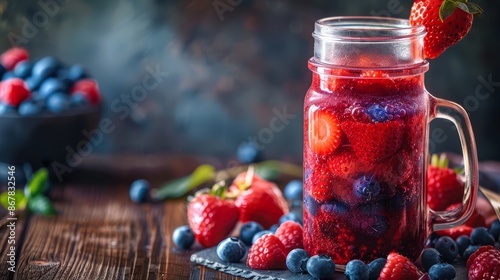 A mason jar of mixed berry juice photo