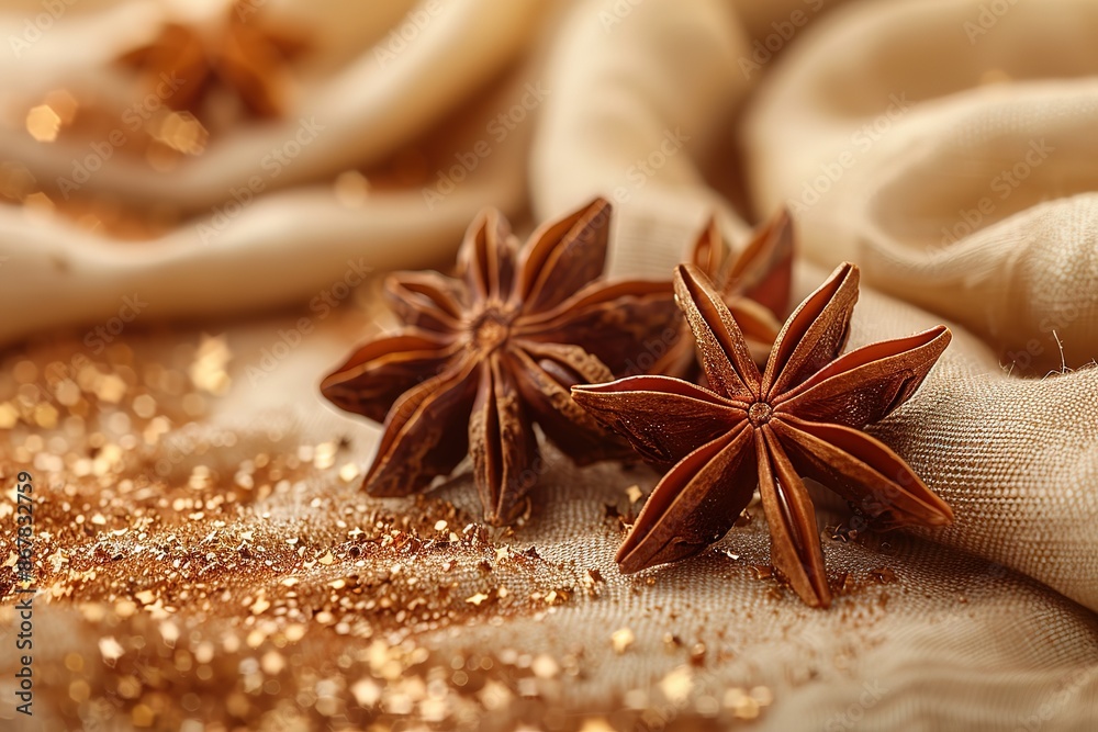 Two star shaped spices are on a table with a gold and brown background Two star shaped spices are on a table with a gold and brown background