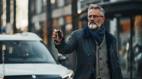 An older man with a white beard, holding car keys and dressed in winter clothing, standing in the city and looking focused, capturing a moment of daily life and urban activity.