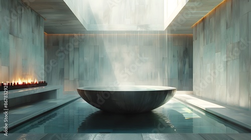 Zen Inspired Onsen Spa Interior with Smooth Natural Stone and Calming Water Feature © kiatipol