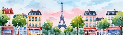A romantic watercolor of Paris with the Eiffel Tower and quaint street cafes, European, Watercolor, Soft pastels, Charming