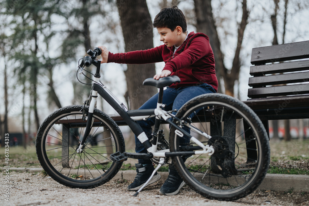 A young boy is seen enjoying a rest while sitting on a bench with his mountain bike in a serene park setting. A young boy is seen enjoying a rest while sitting on a bench with his mountain bike in a serene park setting.