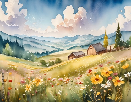 landscape in the floral field and mountains in horizon