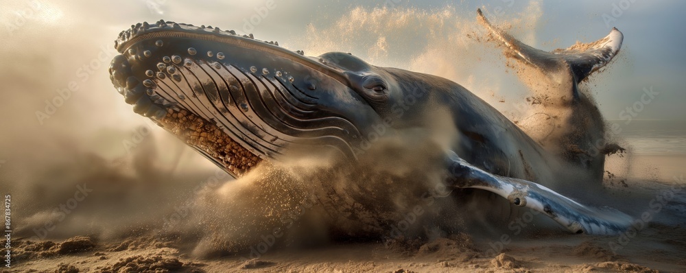 A whale flounders dramatically in the sandy surf, creating a dynamic spray of water and sand, epitomizing the struggle and raw beauty of the natural world. A whale flounders dramatically in the sandy surf, creating a dynamic spray of water and sand, epitomizing the struggle and raw beauty of the natural world.