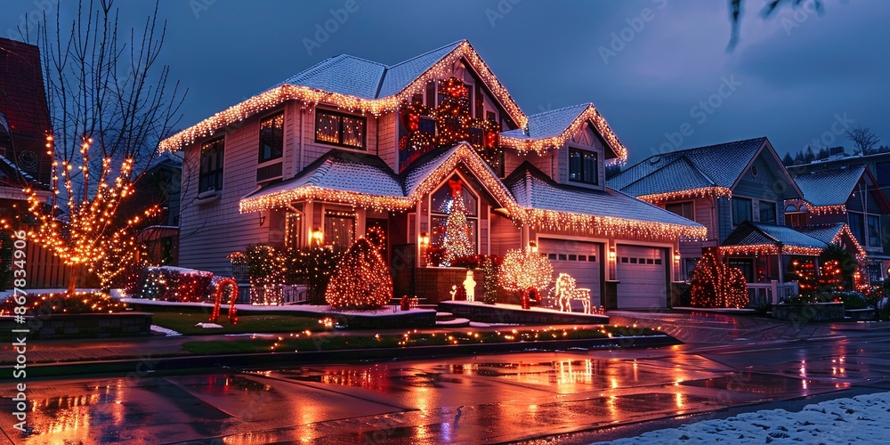 Obraz premium House exterior decorated for Christmas with lights for the winter holiday