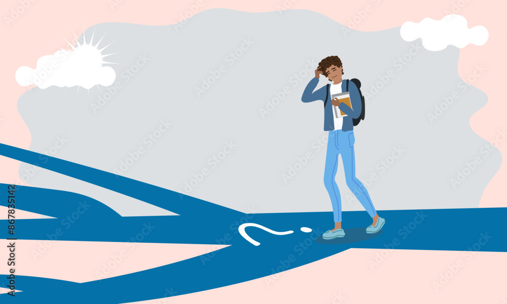 Obraz premium Young man at the crossroads of life. Decision making concept, vector flat design