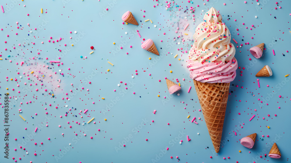 Ice cream cone with pink cream and sprinkles on a blue background, with scattered mini cones and decorations, ideal for summer, parties, and celebrations with copy space. Ice cream cone with pink cream and sprinkles on a blue background, with scattered mini cones and decorations, ideal for summer, parties, and celebrations with copy space.