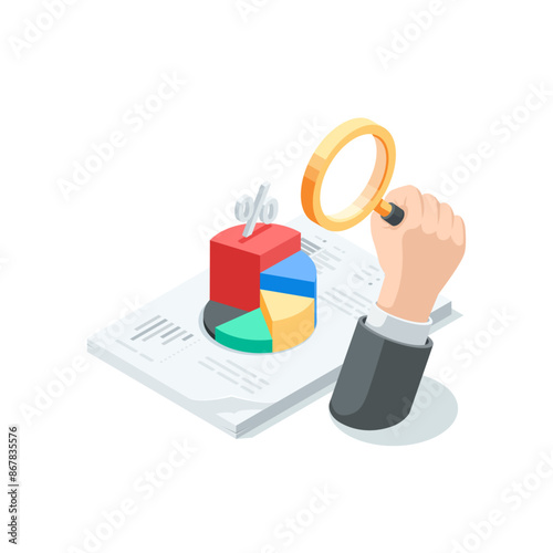 isometric vector male hand raised up holding a magnifying glass and chart on papers, in color on a white background, analytics and verification or data search
