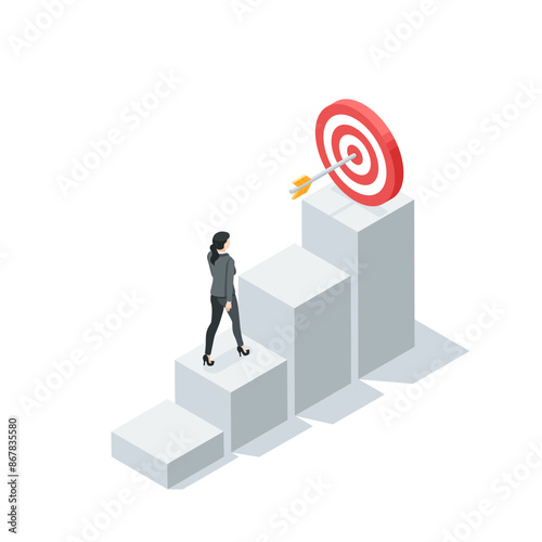 isometric vector business woman climbing up chart columns to target with arrow, in color on white background, path to business success or goal achievement
