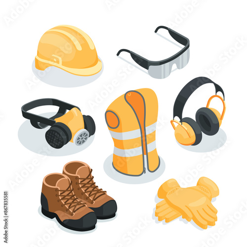 isometric vector construction equipment set such as helmet and vest and boots and gloves and respirator and headphones, in color on white background, worker body protection elements or work clothes