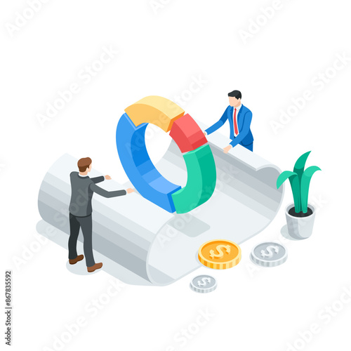 isometric vector business men with paper document and pie chart, in color on white background, working with statistics or financial analytics