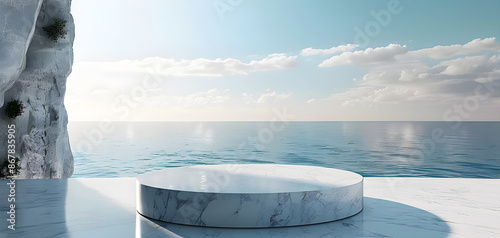 A serene ocean view with a round marble podium, ideal for product displays or mockups. The minimalist style and summer atmosphere provide ample copy space.