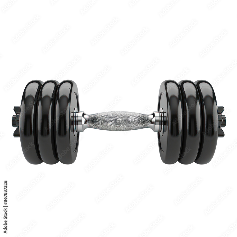 High-resolution image of a heavy black dumbbell with a silver handle on a white background, perfect for fitness and gym themes. High-resolution image of a heavy black dumbbell with a silver handle on a white background, perfect for fitness and gym themes.