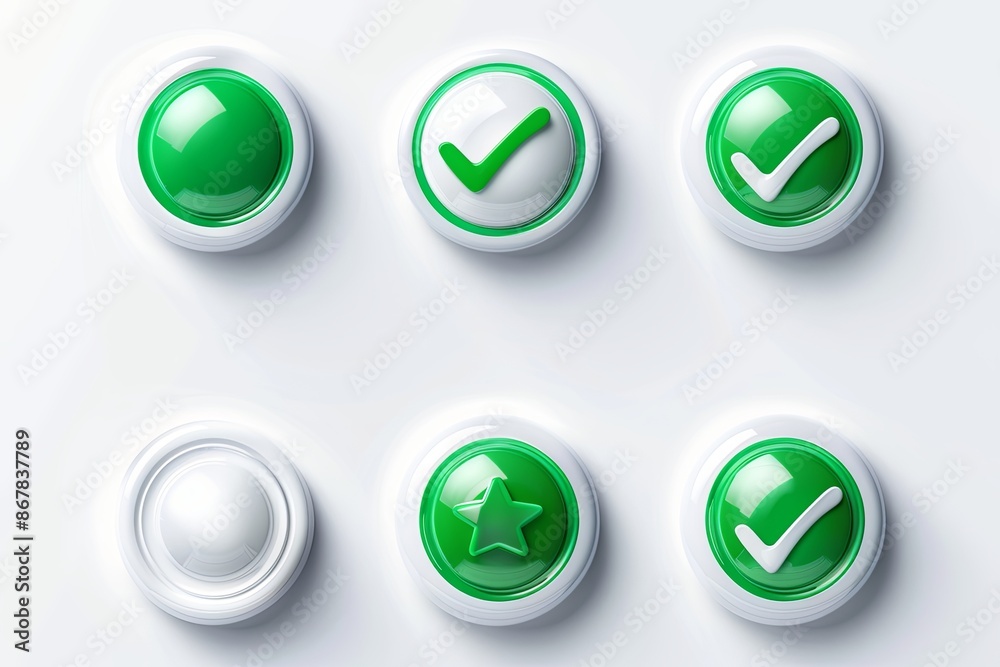 Six round buttons with white borders and green centers featuring various symbols, including checkmarks and a star. Generative AI Six round buttons with white borders and green centers featuring various symbols, including checkmarks and a star. Generative AI