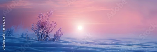 Snowy winter landscape in the early morning with tree and bushes