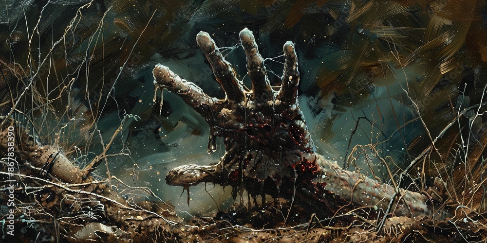 Zombie hand reaching from the ground in a graveyard Zombie hand reaching from the ground in a graveyard