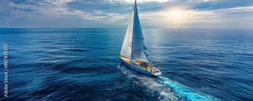 A sailboat navigates the open sea under a brilliant blue sky, its white sails full of wind, trailing a blue wake as it ventures into an endless, vibrant seascape. photo