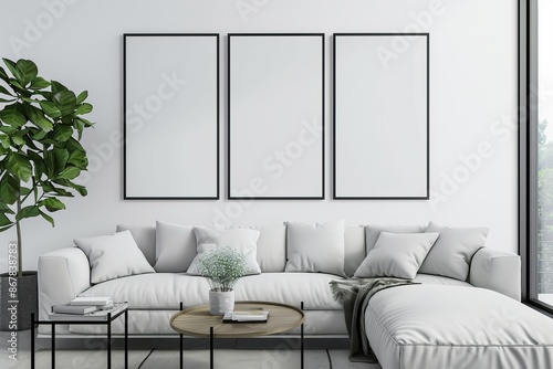 A stylish modern living room featuring a white sectional sofa, three blank frames on the wall, and a green plant next to it. photo