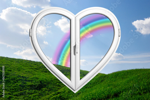 Summer Nature Environment Behind a White Heart-Shaped PVC Window