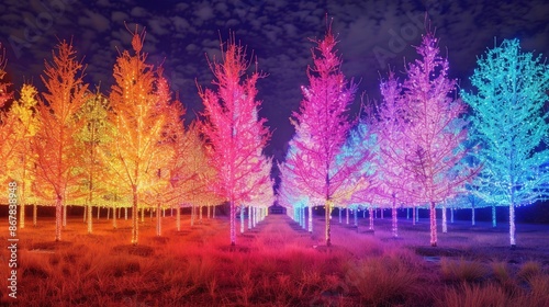 Colorful LED trees arranged in rows photo