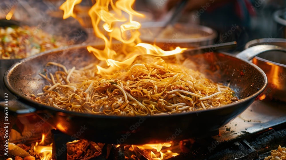 fried noodles cook in pan with big fire flame is hong kong style. Pad Thai favorite and famous Asian Thai street fast food in hot pan, Pad Thai is fried rice noodle dish a street food Thailand fried noodles cook in pan with big fire flame is hong kong style. Pad Thai favorite and famous Asian Thai street fast food in hot pan, Pad Thai is fried rice noodle dish a street food Thailand