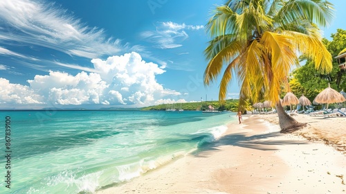 A picturesque tropical beach scene with turquoise waters, palm trees, and powdery white sand under a bright blue sky with scattered clouds invites relaxation. photo