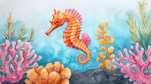 A curious seahorse holding onto a piece of coral, Watercolor, Bright colors, Intricate © ธนากร บัวพรหม