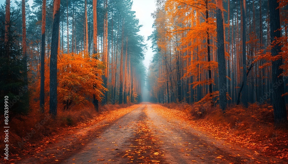 A mysterious forest scene with an orange leaf-strewn road cutting through a foggy landscape A mysterious forest scene with an orange leaf-strewn road cutting through a foggy landscape