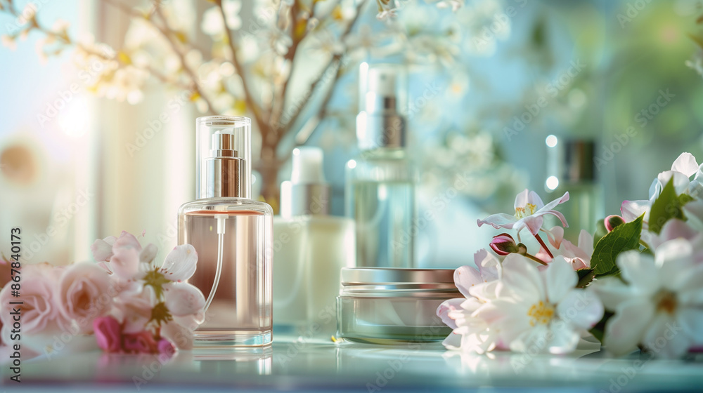 Perfume Bottles and Flowers on a Light Background Perfume Bottles and Flowers on a Light Background