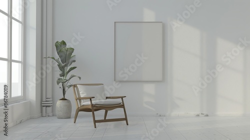 This image features a minimalistic interior with a modern chair, a plant in a pot, and a blank canvas on a white wall, exuding calm and simplicity.