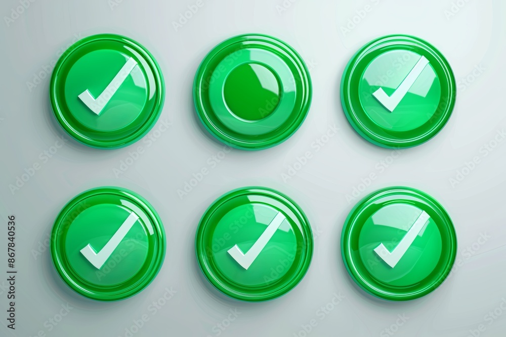 Six green, round buttons with white checkmarks on a white background. Generative AI Six green, round buttons with white checkmarks on a white background. Generative AI