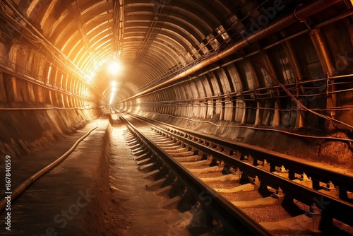 A beautifully lit vintage railway tunnel with a soft golden glow, showcasing the engineering marvel with metal pipes and a long, endless track.