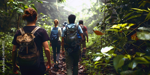 A group of friends hiking along a leafy forest trail.