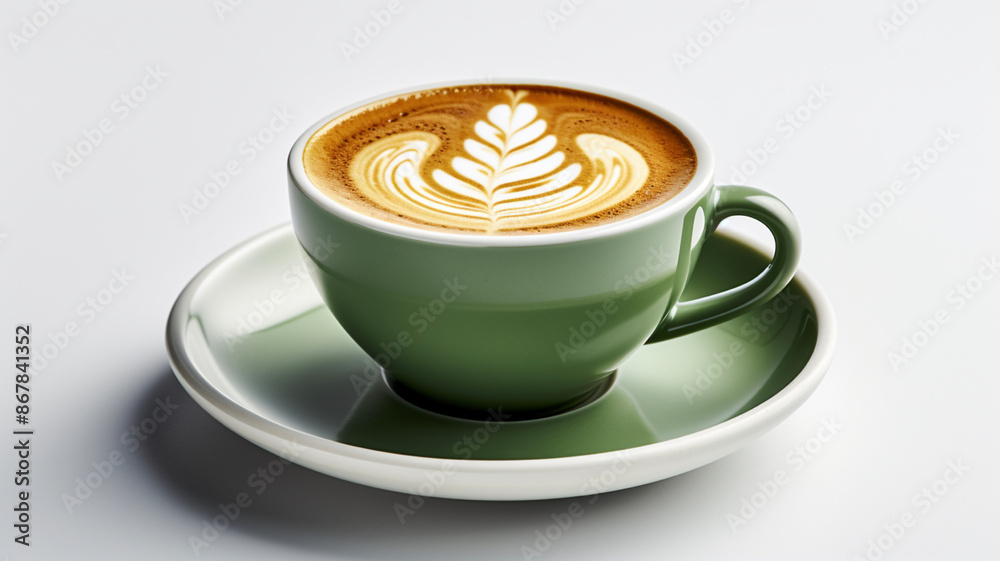 Side view of hot latte coffee with latte art and cinn Side view of hot latte coffee with latte art and cinn