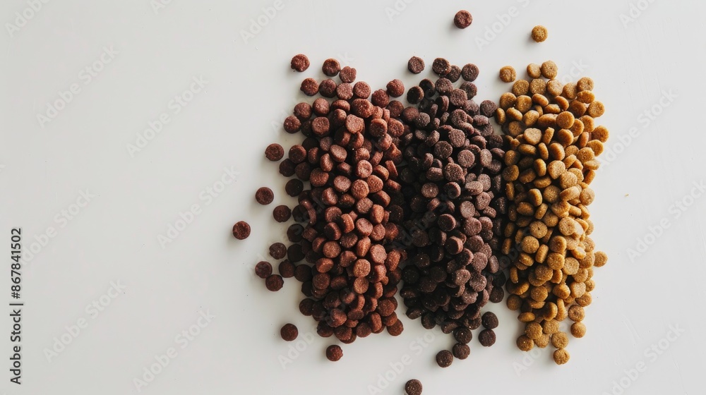 Aerial perspective of stack of dog food on white background Aerial perspective of stack of dog food on white background
