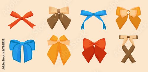 Colorful ribbon bow collection.Hair decor. Decorative element for gift. Textile. Vector illustration 