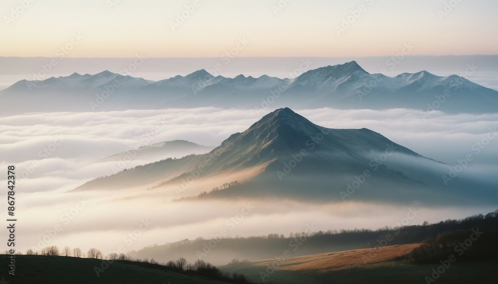 mountain layers and sunrise view in cold and foggy weather.
