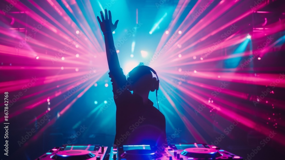 DJ Silhouette with a Raised Hand in a Vibrant Nightclub Setting - nightclub, music, party, silhouette, headphones, mixer, lights, laser, spotlight, pink DJ Silhouette with a Raised Hand in a Vibrant Nightclub Setting - nightclub, music, party, silhouette, headphones, mixer, lights, laser, spotlight, pink