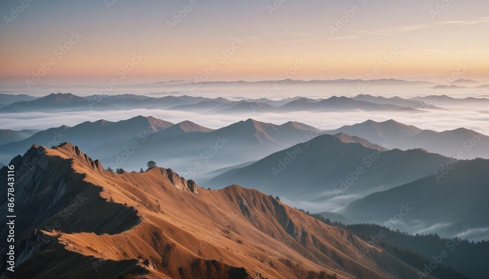 Naklejka premium mountain layers and sunrise view in cold and foggy weather. 