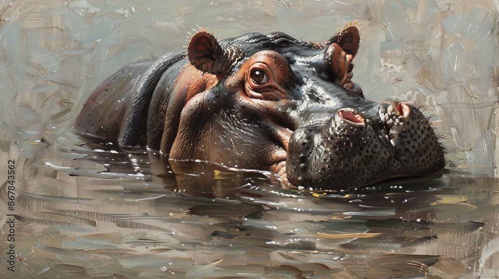 Fototapeta premium oil painting of a hippopotamus, hippo portrait