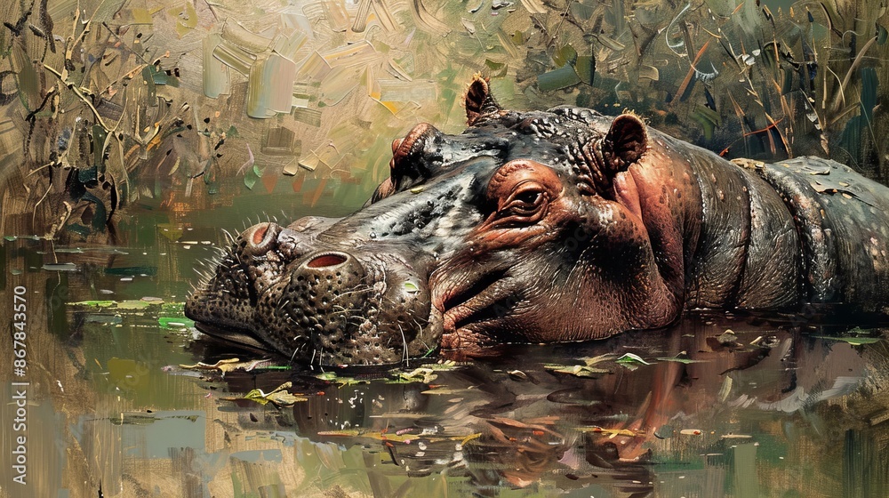 Fototapeta premium oil painting of a hippopotamus, hippo portrait